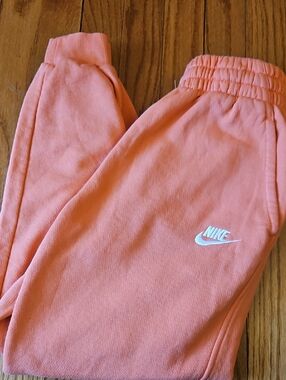 Nike Kids Neon Orange Sweatpants with White Swoosh Joggers Large